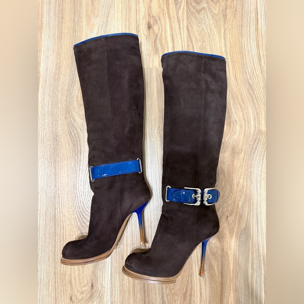 Gianmarco Lorenzi Brown Suede Knee High Boots Blue Patent Heel Size 39 - Picture 5 of 10